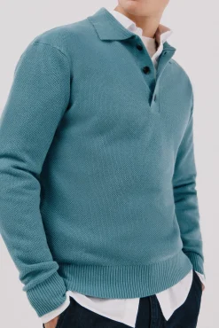 Cortefiel Camisolas-Suéter estruturado de lã com gola polo Azul