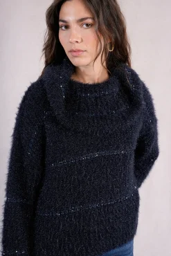 Molly Bracken Camisolas-Suéter feminino estampado riscas de manga comprida Azul