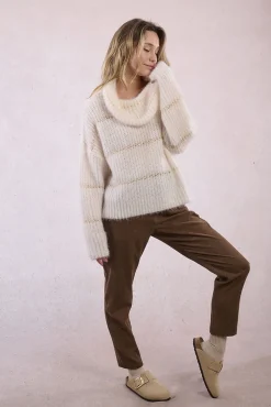 Molly Bracken Camisolas-Suéter feminino estampado riscas de manga comprida Ecru