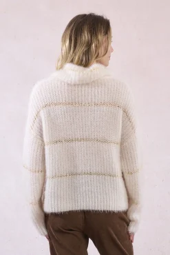 Molly Bracken Camisolas-Suéter feminino estampado riscas de manga comprida Ecru