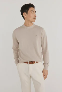 Pedro del Hierro Camisolas-Suéter fino de algodão premium com gola redonda Beige