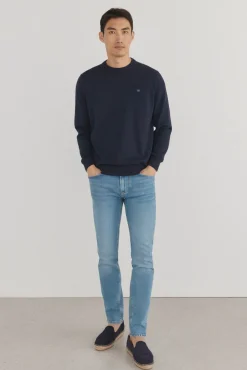 Pedro del Hierro Camisolas-Suéter fino de algodão premium com gola redonda Azul