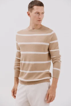 Cortefiel Camisolas-Suéter riscas de malha fina com gola redonda Tostado