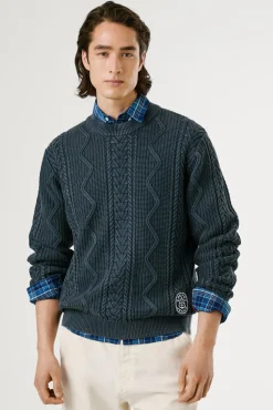 Pepe Jeans Camisolas-Suéter trançado com gola redonda azul