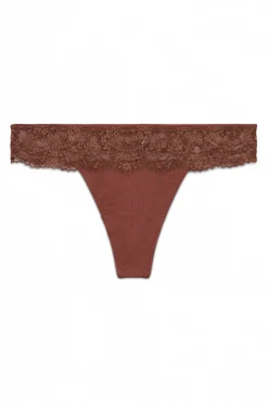Women'secret Roupa Interior-Tanga de renda marrom na cintura cru