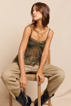 Slowlove T-Shirts-Top alças renda Verde