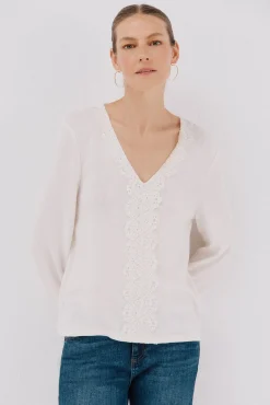 Cortefiel T-Shirts-Top com decote em decote Branco