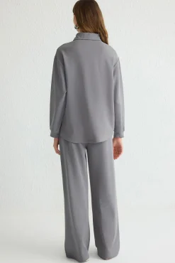 Trendyol Pijamas-Top de blusa e calça gola polo cinza cinzento