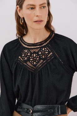 Cortefiel T-Shirts-Top de crochet com patch Preto