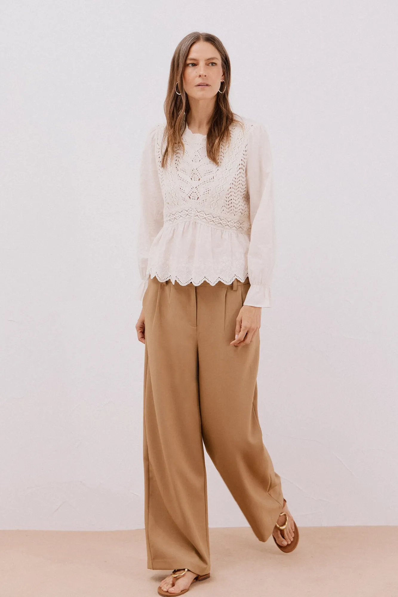 Cortefiel T-Shirts-Top de crochet combinado Ecru