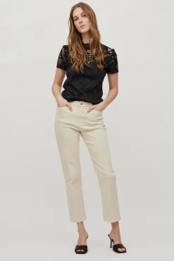 Vila T-Shirts|Blusas-Top de encaixe de manga curta Preto