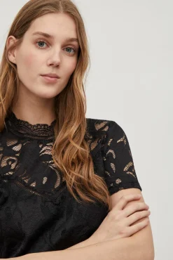 Vila T-Shirts|Blusas-Top de encaixe de manga curta Preto