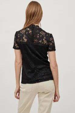 Vila T-Shirts|Blusas-Top de encaixe de manga curta Preto