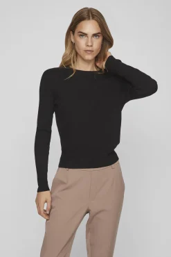 Vila T-Shirts-Top de malha canelada. Preto