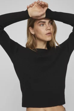 Vila T-Shirts-Top de malha canelada. Preto