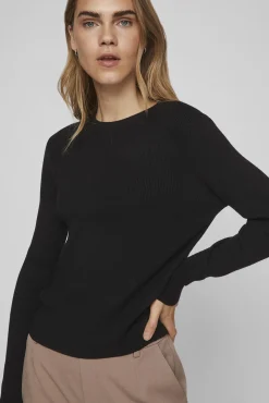 Vila T-Shirts-Top de malha canelada. Preto