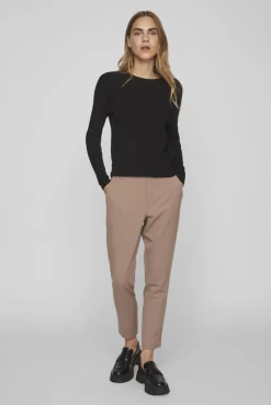 Vila T-Shirts-Top de malha canelada. Preto