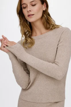 Vila T-Shirts-Top de malha canelada. Castanho