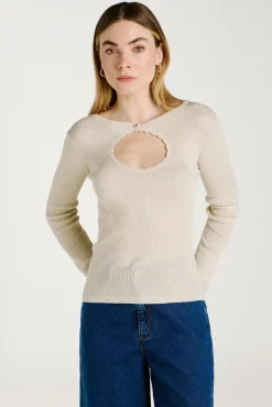 Vila T-Shirts-Top de malha reversível com lurex Tostado