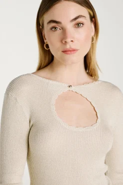 Vila T-Shirts-Top de malha reversível com lurex Tostado