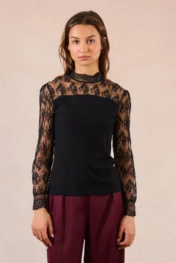 Molly Bracken T-Shirts-Top de manga comprida com detalhes de renda Preto