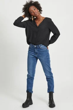 Vila Blusas-Top de mulher de manga comprida com decote em bico Preto