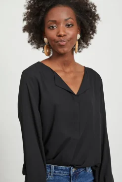 Vila Blusas-Top de mulher de manga comprida com decote em bico Preto