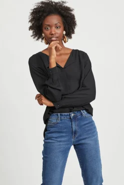 Vila Blusas-Top de mulher de manga comprida com decote em bico Preto