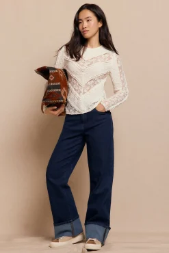 Slowlove T-Shirts-Top de renda combinada Ecru