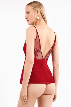 Gisela Roupa Interior-Top de veludo macio com detalhes de renda vermelho