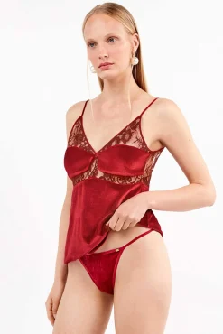 Gisela Roupa Interior-Top de veludo macio com detalhes de renda vermelho