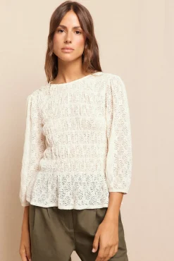 Slowlove T-Shirts-Top estampado franzido Ecru