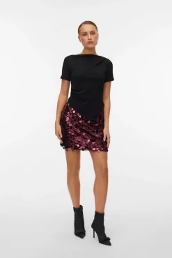 Vero Moda T-Shirts-Top feminina assimétrica de manga curta Preto