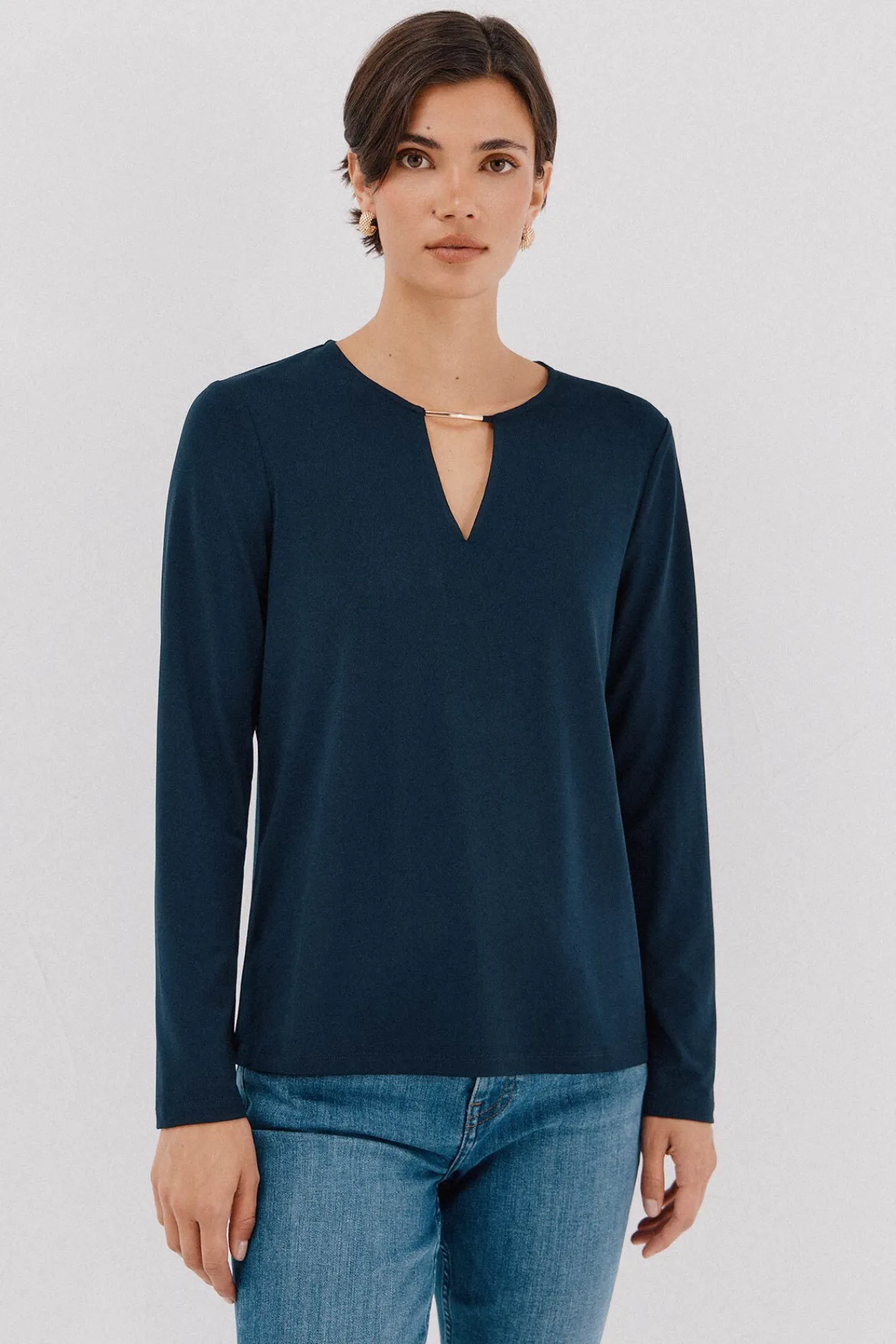 Cortefiel T-Shirts-Top peça dourada com decote Azul