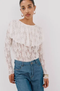 Cortefiel T-Shirts-Top renda folho Branco