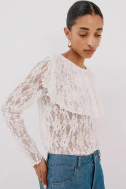 Cortefiel T-Shirts-Top renda folho Branco