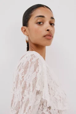 Cortefiel T-Shirts-Top renda folho Branco