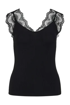 Vila T-Shirts-T-shirt canelada com renda Preto