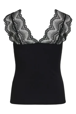 Vila T-Shirts-T-shirt canelada com renda Preto