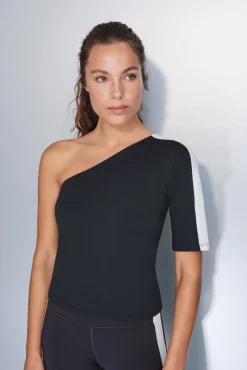 Dash and Stars T-Shirts-T-shirt com decote assimétrico bicolor preto