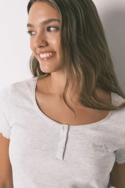 Women'secret T-Shirts-T-shirt de manga curta de algodão cinza cinzento