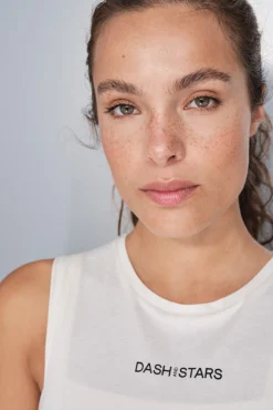 Dash and Stars T-Shirts-T-shirt halter sem mangas de algodão branco beige