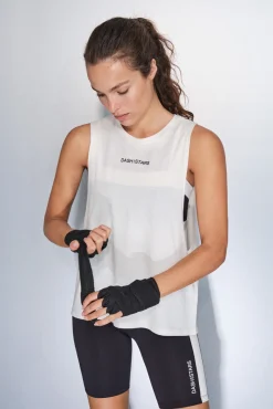 Dash and Stars T-Shirts-T-shirt halter sem mangas de algodão branco beige