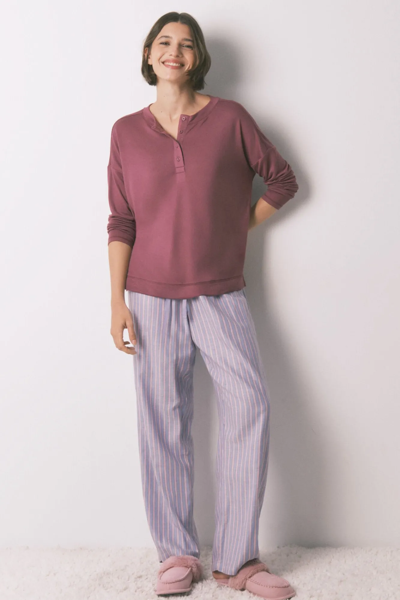 Women'secret T-Shirts-T-shirt larga de manga manga cor vinho vermelho