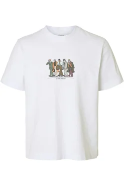Selected T-Shirts-T-shirt manga com estampa 100% algodão orgânico Branco