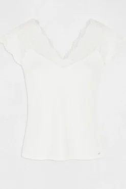 Morgan T-Shirts-T-shirt manga curta com renda Branco