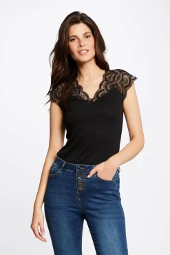 Morgan T-Shirts-T-shirt manga curta com renda Preto