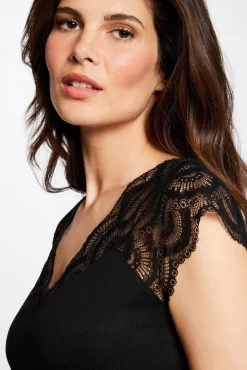 Morgan T-Shirts-T-shirt manga curta com renda Preto