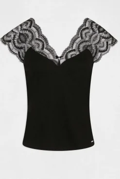 Morgan T-Shirts-T-shirt manga curta com renda Preto