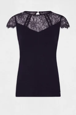 Morgan T-Shirts-T-shirt manga curta com renda Azul